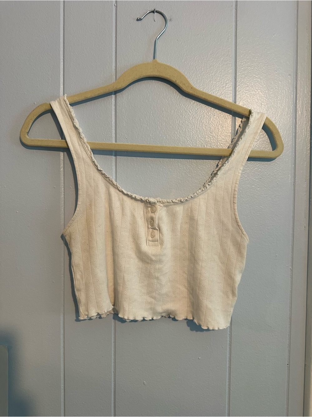 White Lettuce Trim, Ribbed Cropped Tank Top with Button Detail
